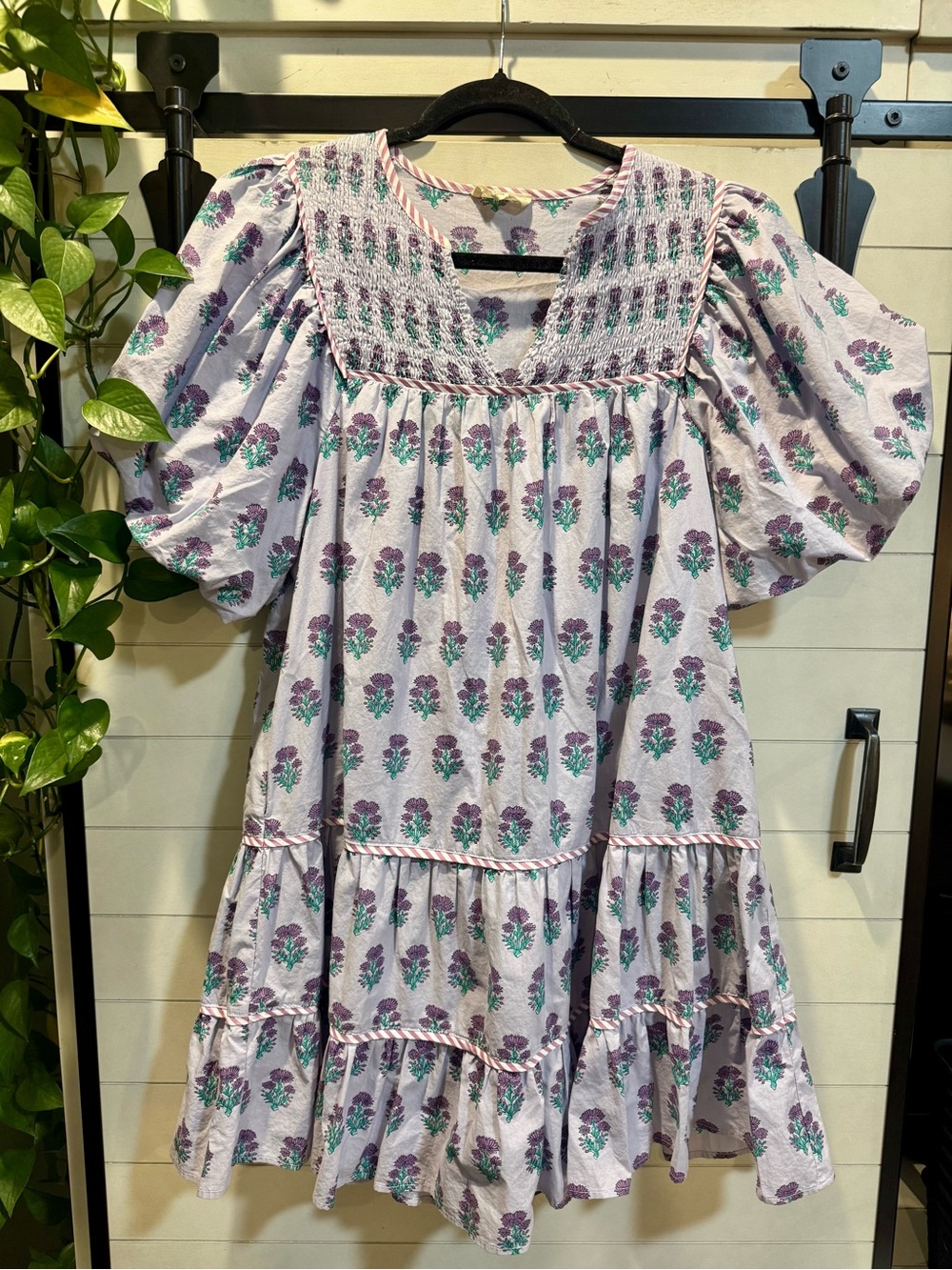 entro Lavender Floral Tiered Dress with Puff Sleeves